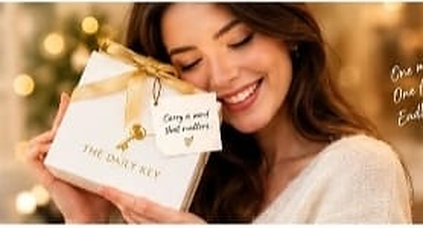 Woman smiling as she holds a gift box to her cheek