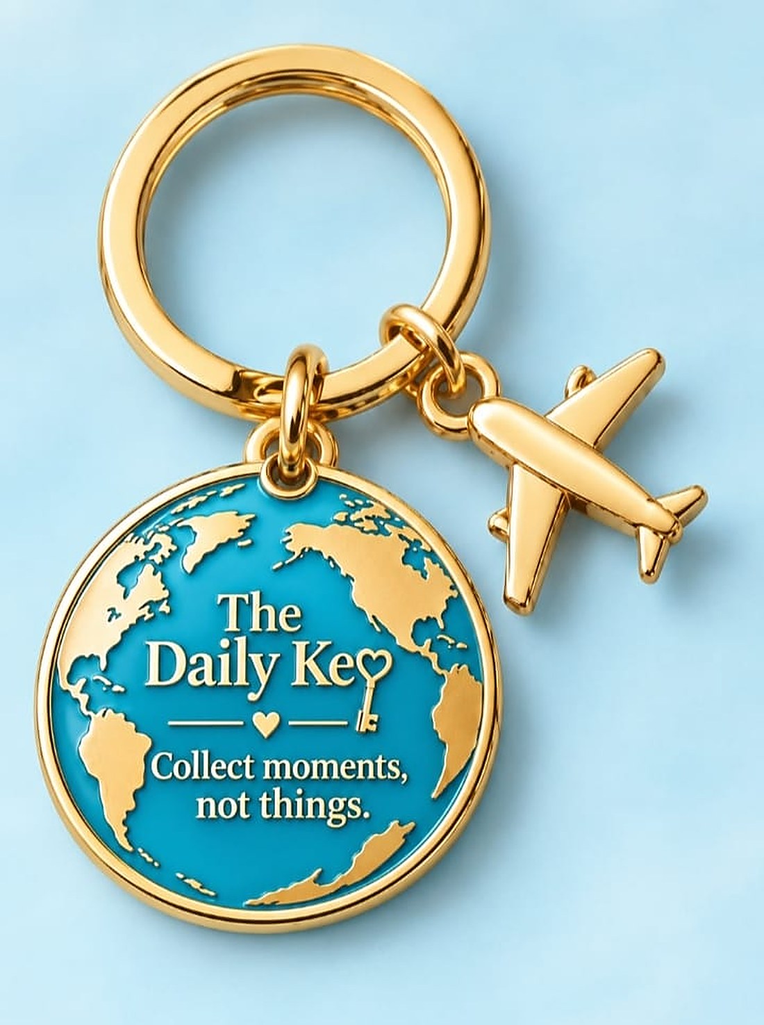 Turquoise globe keychain with a gold airplane